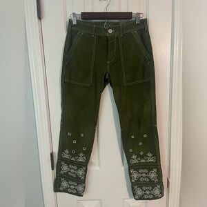 Anthropologie Pants The Wanderer Embroidered Eyelet Hem Size 25 Green Pockets